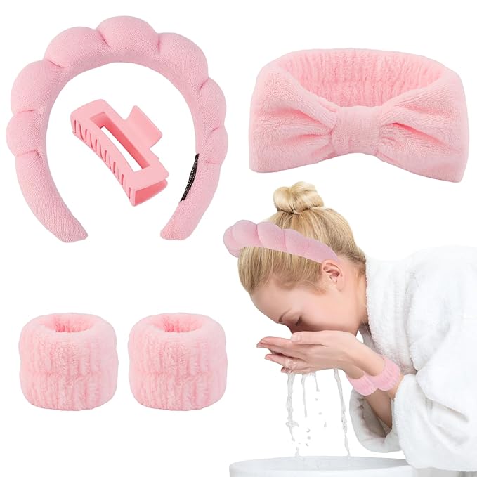 Canitor Spa Headband Wrist Bands Set with Hair Clips Skincare for Washing Face Skin Care Makeup Preppy Tween Teen Girl Gifts Cute Trendy Stuff Hair Accessories for Women (pink)