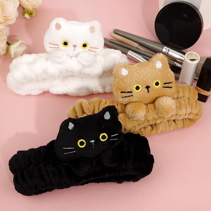 3 PCS Spa Headbands for Women & Girls Cute Hair Band for Washing Face Skincare Makeup Headband for Woman Fluffy Cat Facial Headband Spa Day Essentials (Black White Khaki)