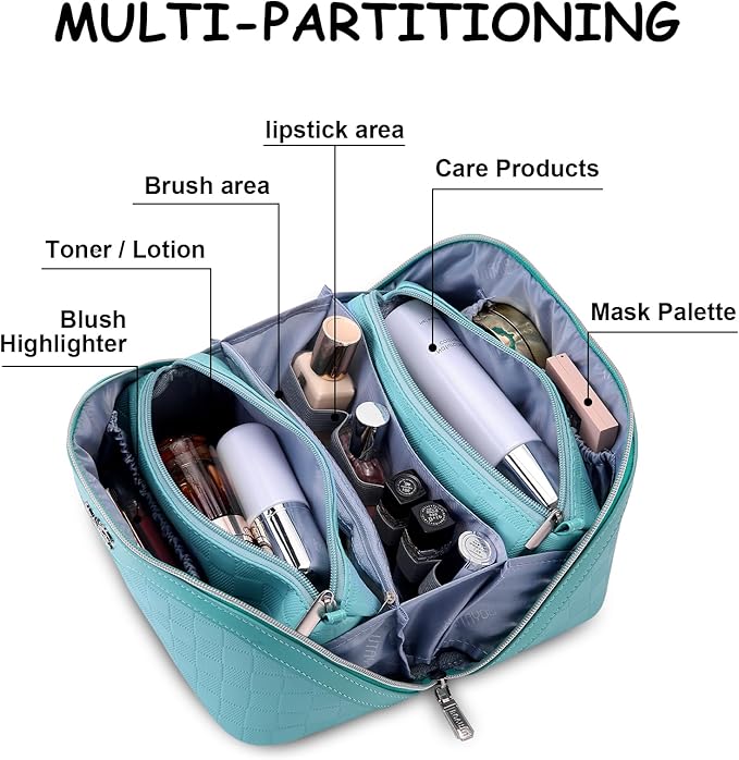 BOYATU Travel Makeup Bag Organizer Cosmetic Bag: 3 Pcs Set Make up Bags for Women with Handle - Waterproof Vegan Leather Toiletry Bags Travel Essentials Pouch with Compartments (01-C-Blue)