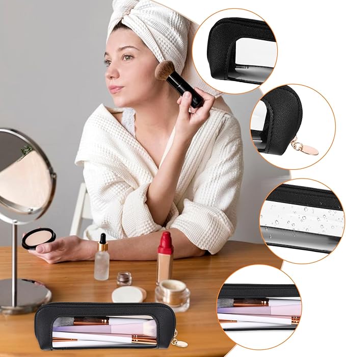 Clear Makeup Bag, PU Leather Mini Makeup Pouch Portable Makeup Brush Case Transparent Waterproof Cosmetic Organizer Pouch with Zipper for Women Home Travel Office Makeup Storage (Black)