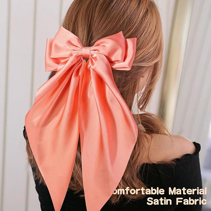 6 PCS Hair Bows for Women, Big Bow Hair Clips for Girls, Silky Satin Hair Bows Clips Oversized Long Tail, Large Cute Aesthetic Hair Accessories, Metal Bow Hair Clips Holiday Gifts Cherry