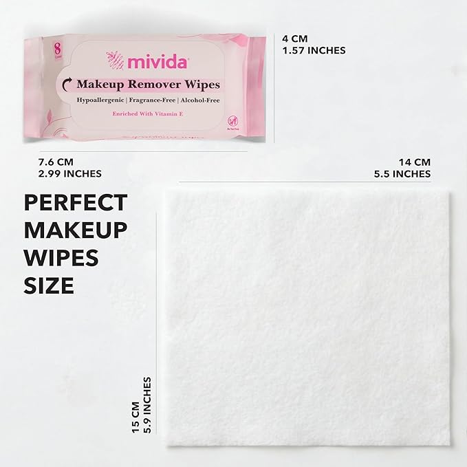 mivida Compact Travel Makeup Remover Wipes with Vit E, Hypoallergenic & Fragrance Free Makeup Wipes, Tough on Makeup Gentle on Skin. Travel Essentials for Adults & Teens, 10Bagsx8Wipes-80 Count