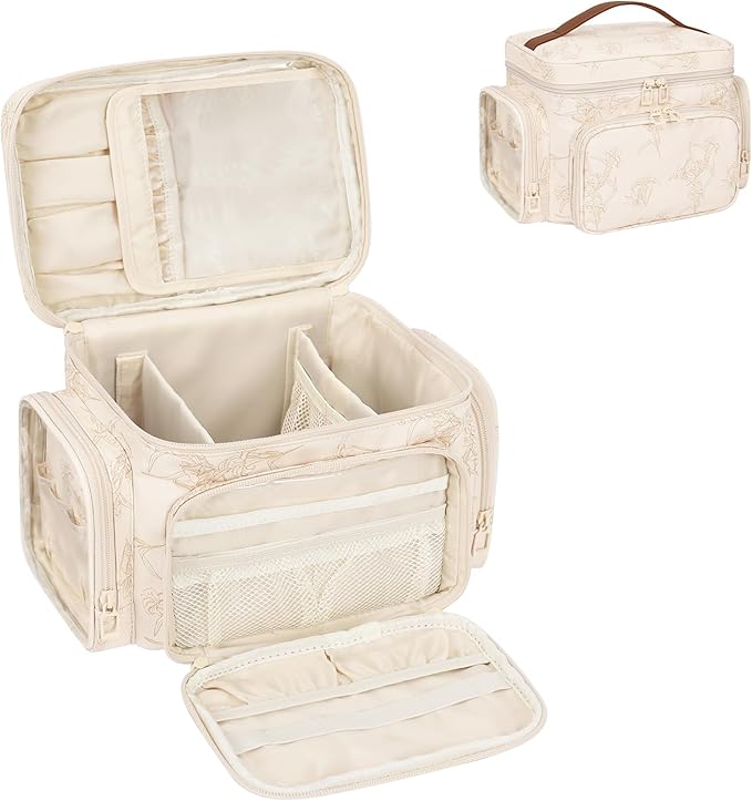 Large Makeup Bag, Portable Travel Makeup Bag Organizer for Women Girls with Makeup Brush Compartment & Two Side Pockets, Cosmetic Travel Bag Vertical Storage Toiletry - Beige