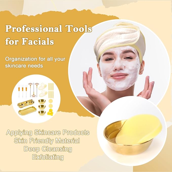 28 Gold Facial Supplies 3 Facial Mask Mixing Bowls 3 Facial Fan Brushes 3 Mask Applicator Brushes 3 Mask Measuring Spoons Skincare Tray 3-Compartment Serving Tray 12 Facial Sponges 2 Spa Headbands