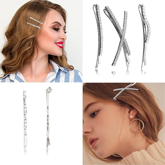 16 Pieces Silver Rhinestone Bobby Pins Set Delicate Decorative Fancy Crystal Hair Clips Shiny Fancy Metal Barrettes, I S X Shaped Diamond Hair Accessories for Women Ladies Girls Wedding Prom Party