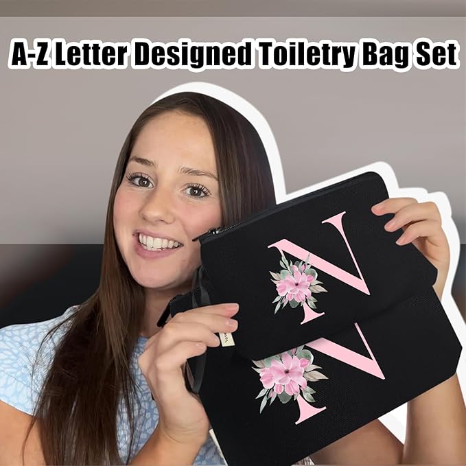 Vavabox A-Z Personalized Makeup Bag, Birthday Gifts for Women Mom, Gifts for Best Friend, Bride Bridesmaid Cosmetic bag (N, 04-Black Set)