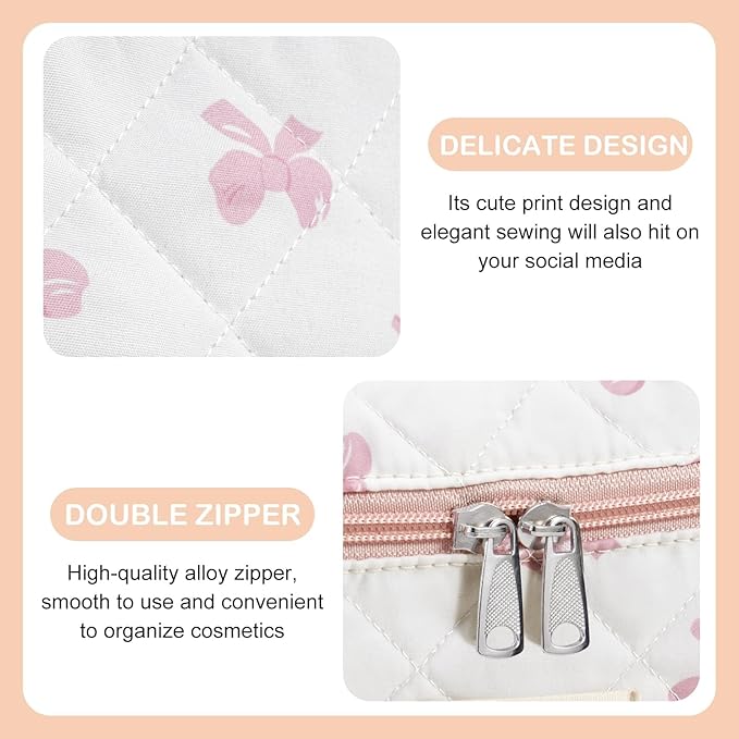 Makeup Bag for Women Quilted Cotton Make Up Bag Travel Cosmetic Bag Large Makeup Bag Cute Bow Makeup Bags Organizer Floral Toiletry Bag Makeup Pouch for Purse, Pink Bow