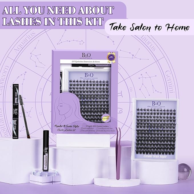 B&Q Wispy Lash Clusters Kit B04, DIY Lash Extension Kit 156PCS Eyelash Extension Kit, Soft Natural Lash Clusters 8-18MIX D Curl Lash cluster, Thin Black Band Cluster Eyelash Extensions (B04 Set)