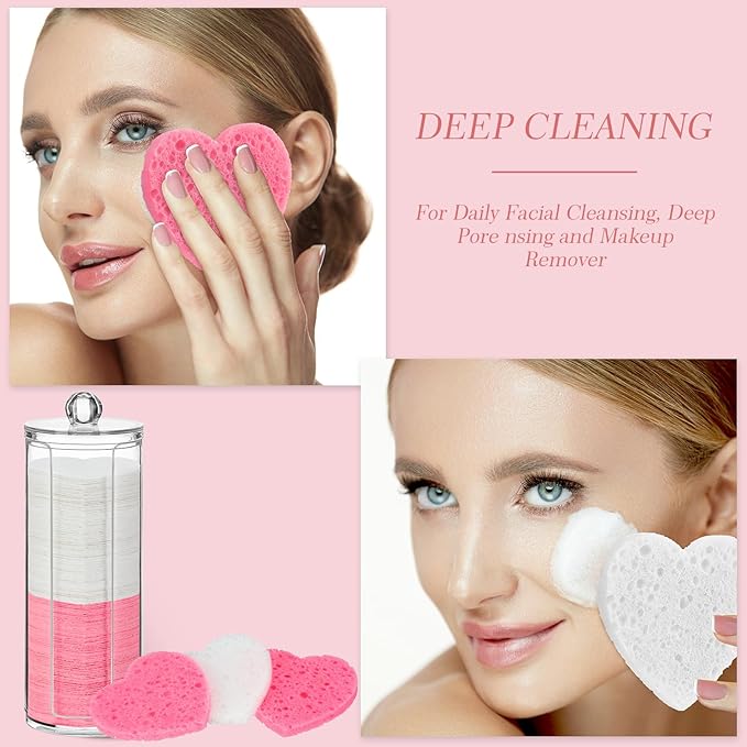 Sieral 120 Pcs Compressed Facial Sponges with Container Disposable Face Sponge Pads for Washing Face Cleansing Exfoliating Esthetician Makeup Removal(Heart,White, Pink)
