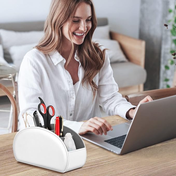 Fintie Remote Control Holder, 5 Compartments Vegan Leather TV Remoter Caddy Desktop Organizer Makeup Brush Holder Storage Fits TV Remotes, Media Controllers, Office Supplies(White)