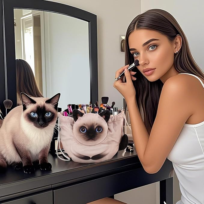 Drawstring Makeup Bag - Travel Organizer, Cosmetic Pouch, Cat Gift for Women, Lay Flat Bag for Cat Lovers