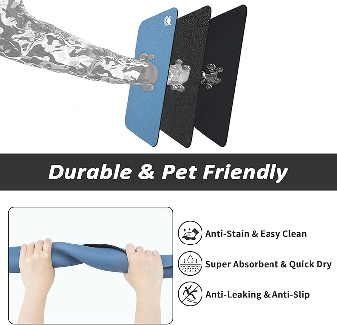 Dog Food Mat - Absorbent Cat Mat for Food and Water, No Stains Pet Feeding Bowl Mat, Easy to Clean Pet Placemats, Quick Dry Dog Water Dispenser Mat for Messy Drinkers | Paw Blue 24"x36"