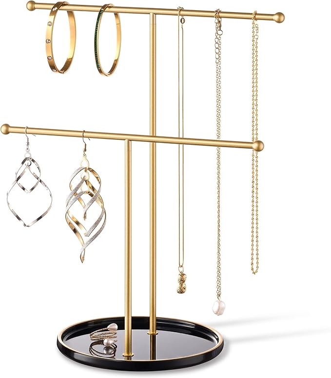 Gold Jewelry Holder Stand with Ceramic Tray: Small Hanging Necklace Organizer Tree for Earrings, Bracelets, Rings – Jewelry Display Hanger for Women & Girls, Black
