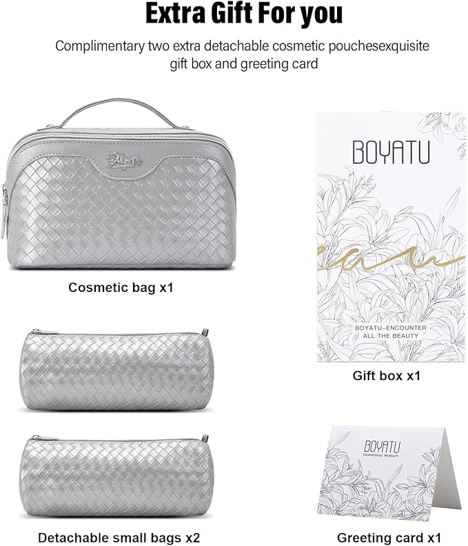BOYATU Travel Makeup Bag Cosmetic Bags for Women: Large Capacity 3 Pcs Set Make up Bag with Compartments - Waterproof Vegan Leather Toiletry Organizer Bags with Handle (L34 Silver)