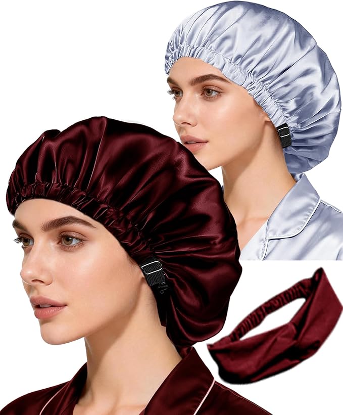 Hair Bonnets 3Pcs Satin Bonnet For Sleeping Silky Bonnets Womens Silk Bonnet Night Caps Curly Hair Sleep Cap For Women