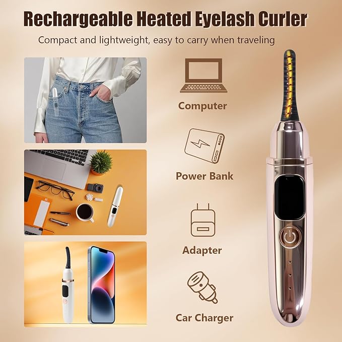 Heated Eyelash Curlers with Battery Indicator, Electric Eyelash Curler 3 Temperature Modes LED Display USB Rechargeable Makeup Tools, Heated Lash Curler Ideal Christmas Gift for Women Golden Brown Y1