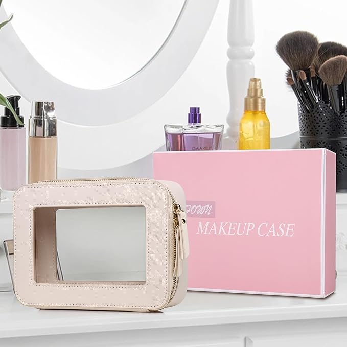Clear Makeup Bag Women's Waterproof Travel Cosmetic Case and Toiletry Bag Portable Makeup Organizer Bag Car Essential with Zipper (Beige, M-1)