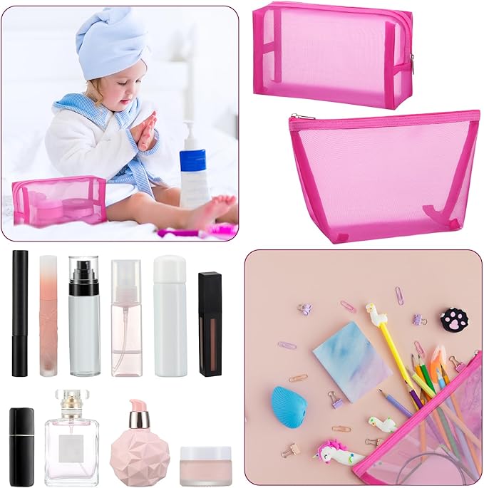 Boao 3 Piece Mesh Cosmetic Bag Mesh Makeup Bag with Zipper Pouch Travel Toiletry for Makeup Organizer Home Office Travel Accessories(Rose Red)