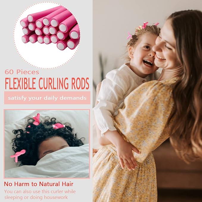 BIEAEIA 60 Pieces Flexible Curling Rods, 9.45 x 0.31 inches Foam Hair Rollers for Long Hair Short Hair Women Girls, No Heat Hair Curlers with Steel Pintail Rat Tail Comb, Pink