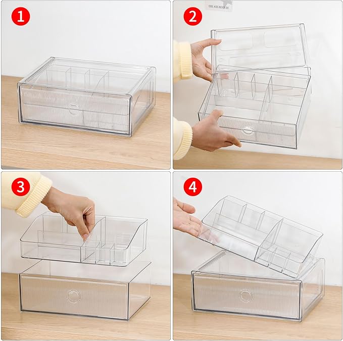 5-Tiers Makeup Organizer with Drawer for Vanity, Stackable Bathroom Storage Box for Beauty Essentials, Skincare Products, Cosmetic Brushes, Perfume Stand, Clear Lipsticks Holder