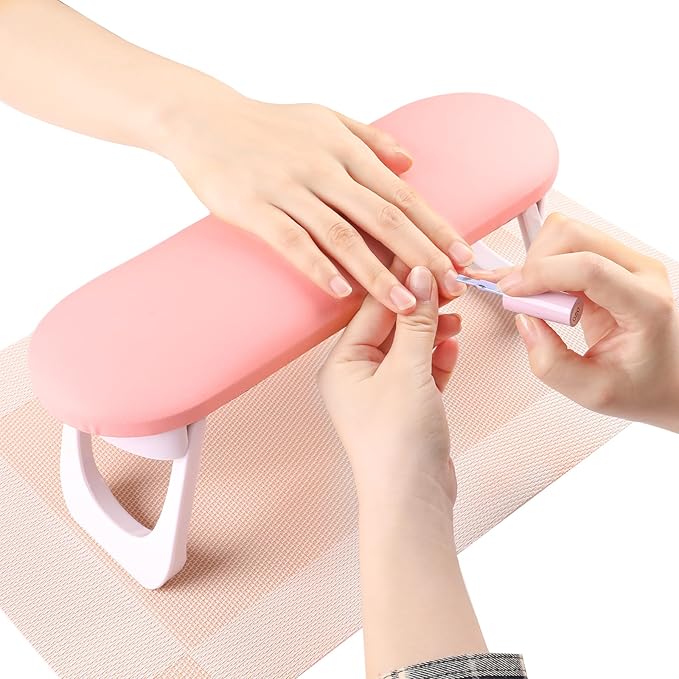 Nail Arm Rest, Professional Foldable PU Leather Nail Hand Rest with PVC Table Mat for Acrylic Nails, Soft Nail Hand Pillow Non-slip for Manicure Salon Use (higher-Pink)