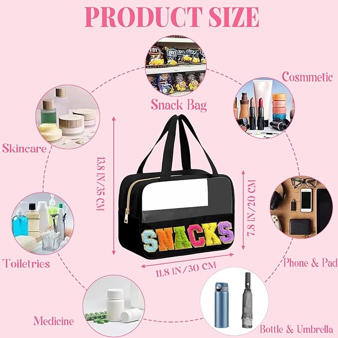 Chenille Letter Snacks Bag Clear Snack Bag Pouch with Handle and Zipper Waterproof Nylon Portable Travel Tote Makeup Bag for Women