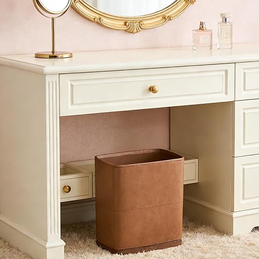 Polytree Bathroom Trash Can 1.8 Gallon(7 Liter) Small Kitchen Garbage Can,Decor Wastebasket for Bedroom Office,Brown (Resin-Imitated Leather Effect)