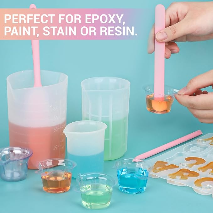 Gartful Silicone Stir Sticks Kit for Epoxy, 2pcs Spatula Scraper, 2pcs Large Silicone Resin Stirring Sticks, Reusable DIY Craft Tool for Mixing Resin, Paint, Waxing, Liquid, Set of 4, Pink