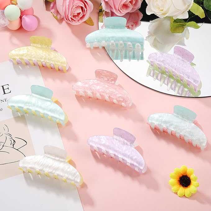 8 Pcs Large Acrylic Hair Claw Clips for Women Non-slip Strong Hold Jaw Clamps for Thick Thin Hair(Double Pinyin,Lovely Color)