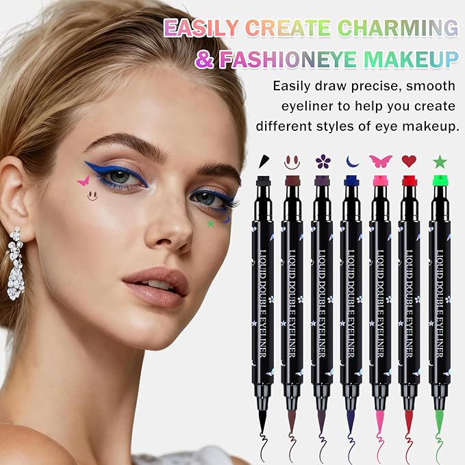 7 Colors Double-headed Eyeliner Stamps Pencil Set, Face Stamp Liquid Winged Eyeliner Stamp Pen Waterproof Smudgeproof Eye Liner Stamp for Eye Makeup