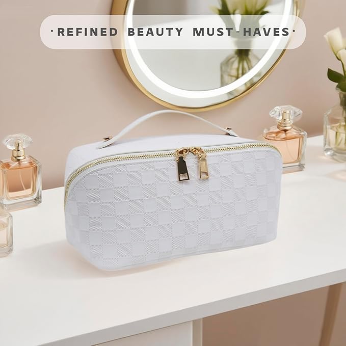JINYIBAGS Travel Makeup Bag – Large Cosmetic Organizer with Waterproof PU Leather, Smooth Double Zipper & Tear-Resistant Lining, Toiletry Pouch for Women (Grey)