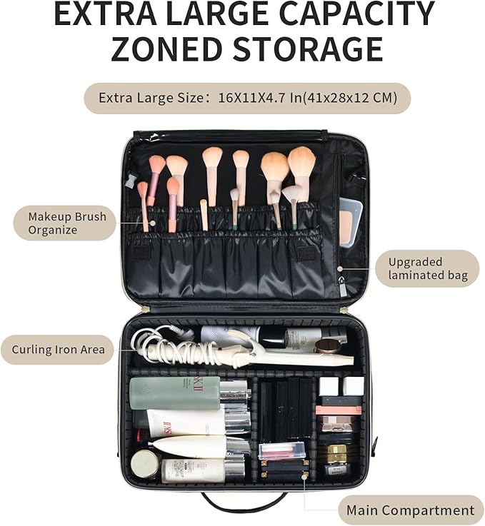 Makeup Travel Case, 16 Inch Makeup Artist Bag with Compartment and Dividers, Portable Cosmetic Bag for Women with Brush Storage Sturdy Dual Zip Closure, Waterproof, Durable, Gift for Her, Black