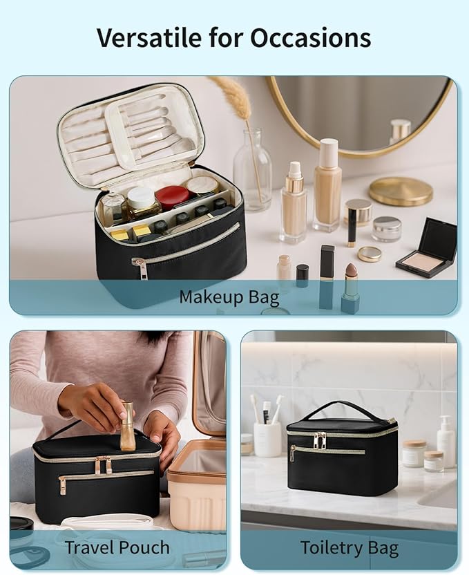 Wandering Nature Makeup Bag, Travel Make Up Bag with Divider, Makeup Case Organizer for Women in Fabric, Black
