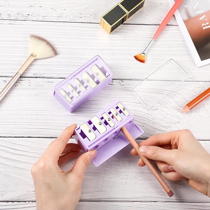 Honoson 2 Pcs 5 Hole Cosmetic Long Point Manual Pencil Sharpener with Plastic Lid Makeup Eyeliner Pencil Sharpener (Purple)