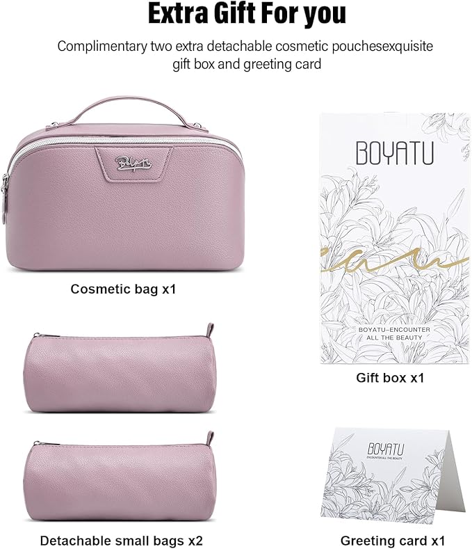 BOYATU Travel Makeup Bag Cosmetic Bags for Women: Large Capacity 3 Pcs Set Make up Bag with Compartments - Waterproof Vegan Leather Toiletry Organizer Bags with Handle (N-69Purple)
