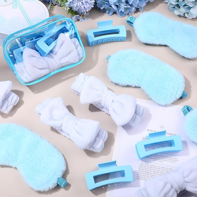 Hoteam 24 Pcs Galentine Spa Party Favors Supplies 6 Spa Headband 6 Plush Sleep Eye Mask 6 Hair Claw Clips 6 Clear Cosmetic Bags for Adult Sleepover Slumber Party Valentine Gift(Blue)