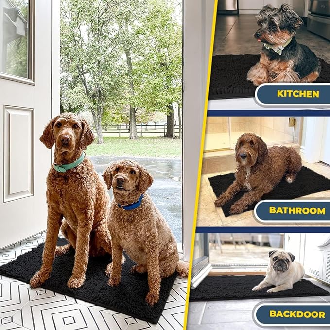 Muddy Mat® 2-Piece Black Medium 30"X19" AS-SEEN-ON-TV Highly Absorbent Microfiber Door Mat, Bath Mat and Pet Rug, Non Slip Thick Washable, Soft Chenille for Kitchen Bathroom Bedroom Indoor and Outdoor
