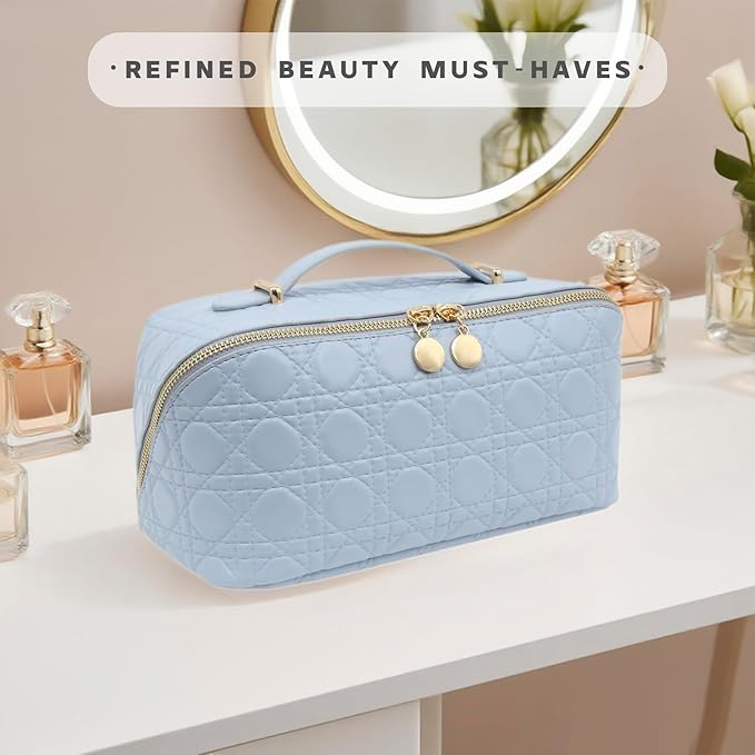 JINYIBAGS Travel Makeup Bag – Large Cosmetic Organizer with Waterproof PU Leather, Smooth Double Zipper & Tear-Resistant Lining, Toiletry Pouch for Women (Ice)