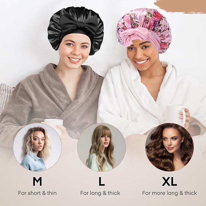 Arqumi 2 Pcs Satin Silk Bonnet for Sleeping Women, Long Strap Tie Band Adjustable Sleep Night Cap Curly Hair Bonnet Wrap for Braids Mother's Day Girls Gifts, Black + Pink Flower Pattern (Large)