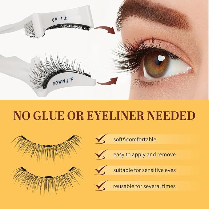 QUEWEL Magnetic Eyelashes 1 Pair Reusable Magnetic Eyelashes with Applicator No Glue Needed Eyelashes Cat Eye Natural Look Lash Clusters Kit Easy to Wear and Remove(B10)