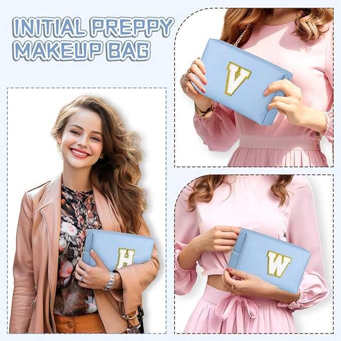 TOPEAST Small Makeup Bag Initial Cosmetic Bag Travel Toiletry Bag, Personalized Birthday Gift for Mom Sister Friends Teacher Nurse, Preppy Travel Stuff for Girls (Sky Blue O)