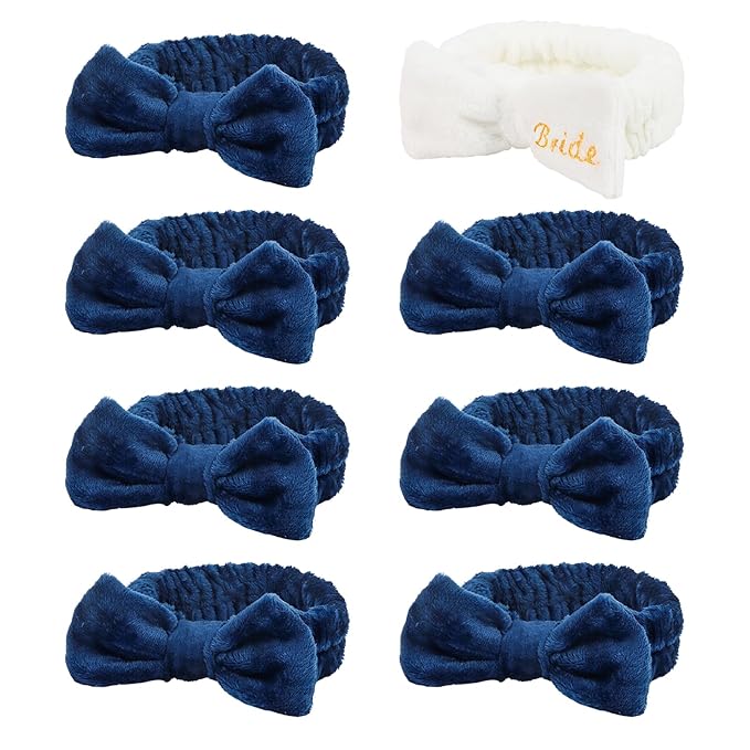 Jaciya Spa Makeup Headband for Washing Face White Bride Headband Navy Blue Bridesmaid Headbands 8 Packs Bachelorette Party Favors Bridal Shower Gifts Wedding Hair Accessories
