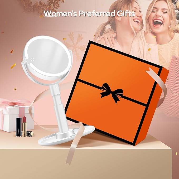 B Beauty Planet Vanity Mirror with Lights, 30X Magnifying Makeup Mirror with 3 Lighting and Adjustable Brightness, Rechargeable 2-Sided Height Adjustable Desk Mirror for Bathroom, Gift for Women White