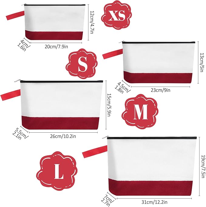 10 Pieces Cotton Canvas Makeup Bag with Bottom and Strap, Multi-Purpose Cosmetic Bag with Zipper Travel Toiletry Pouch, Blank DIY Craft Bag (White&Red, S)