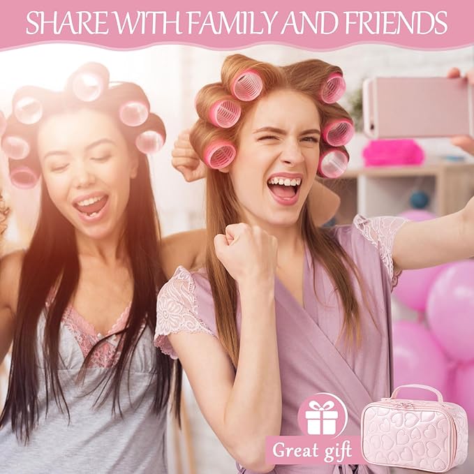 Obeoby 4 Sizes Hair Rollers with Gift Makeup Bag, Rollers Hair Curlers for Long, Short Hair and Bangs, Red Birthday Valentines Day Gifts for Her Women Girls Pink