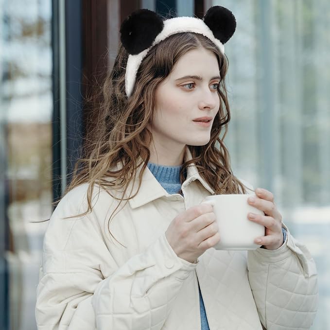 Panda Ears Plush Headbands - Cute Bear Costume for Women and Girls, Black and White Party Animal Accessories, Suitable for Spa, Skincare, and Makeup