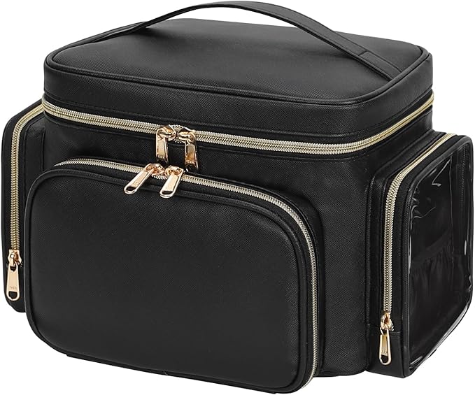 Large Makeup Bag, Portable Travel Makeup Bag Organizer for Women Girls with Makeup Brush Compartment & Two Side Pockets, Cosmetic Travel Bag Vertical Storage Toiletry Bag - Black
