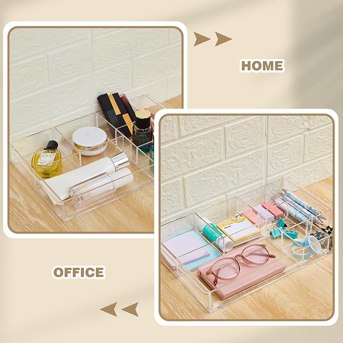 3 Pcs Clear Acrylic Desk Drawer Organizer 13.7 x 8.7 x 2 Inch Drawer Organizer Trays with 8 Compartments Desk Accessories for Office Makeup Silverware Bathroom