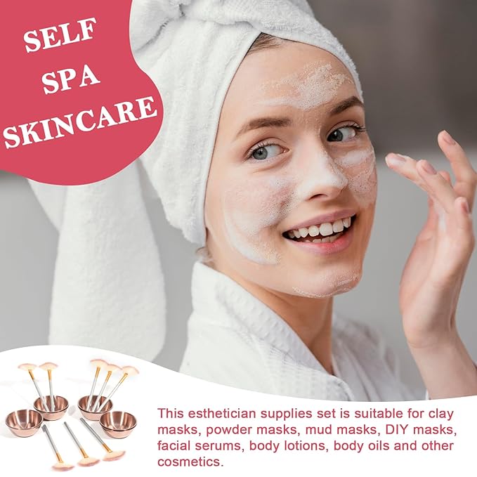16 Pcs Rose Gold Esthetician Supplies 8 Facial Fan Brushes Esthetician 8 Rose Gold Stainless Steel Mixing Bowls Face Mask Brush Facial Bowls Esthetician for Mud Cream Makeup Spa Salon Women