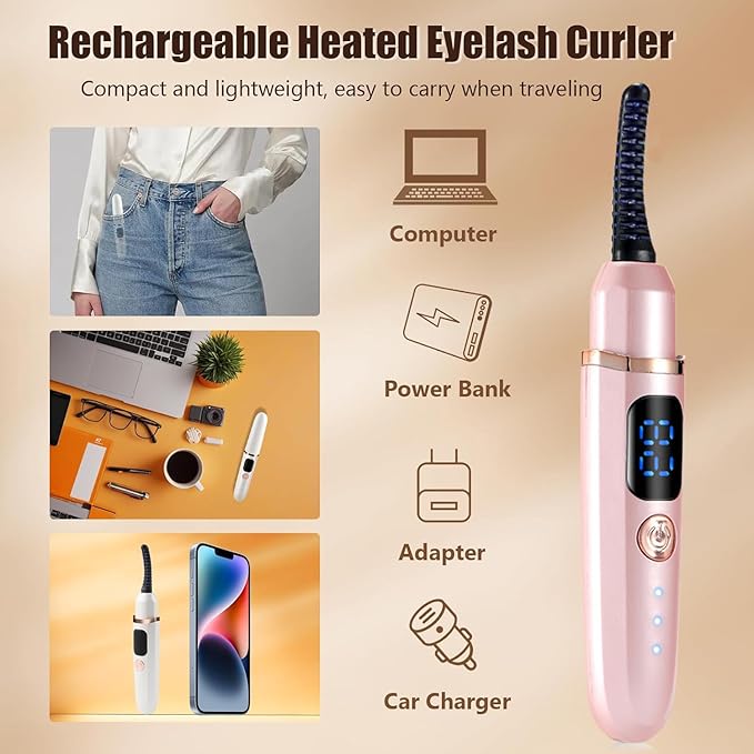Heated Eyelash Curlers with Battery Indicator, Electric Eyelash Curler 3 Temperature Modes LED Display USB Rechargeable Makeup Tools, Heated Lash Curler Ideal Christmas Gift for Women (Pink)